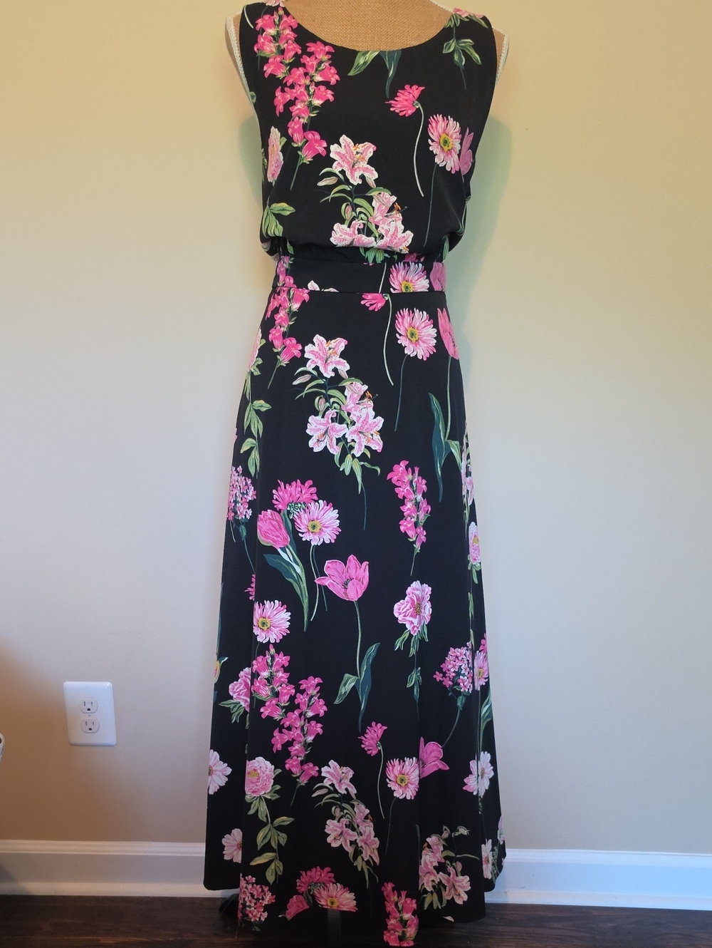 Karl Lagerfeld Black Maxi Dress with Pink Floral Print
